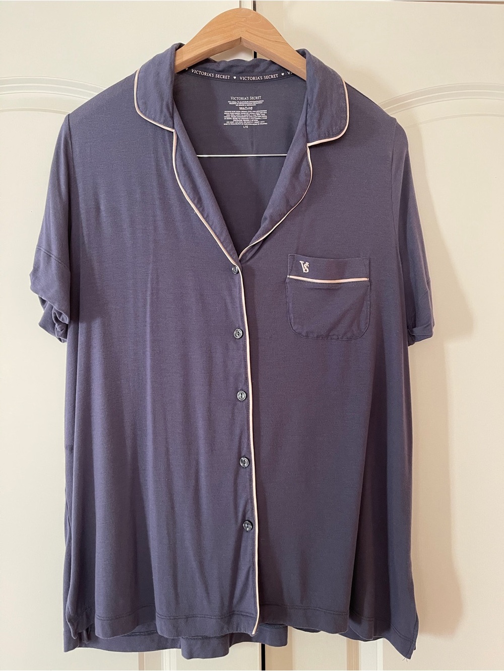 Victoria's Secret Navy Short Sleeve Pajama Top & Shorts Set with Cream Trim